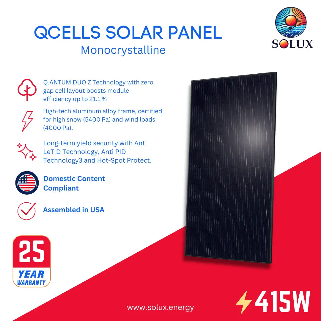 Q.PEAK-DUO-BLK-ML-G10PLUS-415-DCA monocrystalline solar cell graphic, 415W, USA assembled, domestic content, 25-yr warranty.